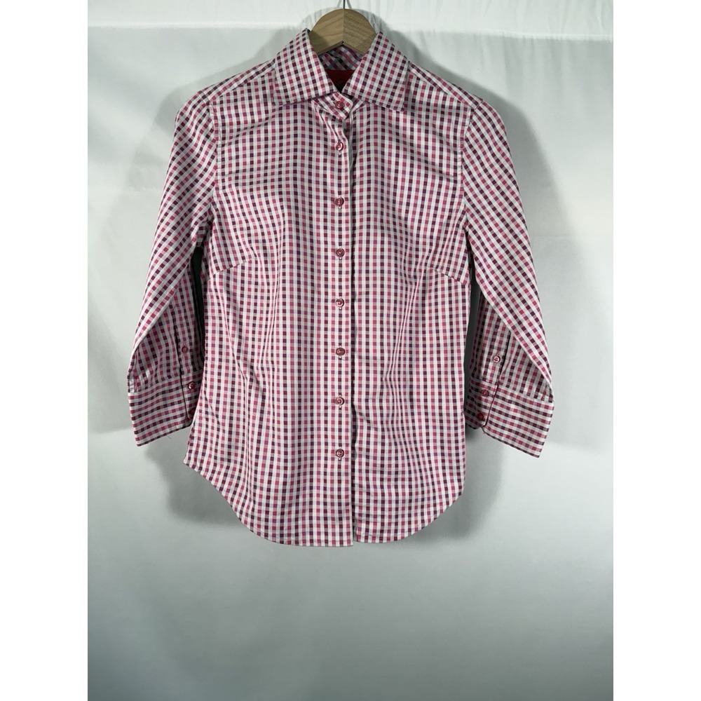 Robert Graham Embroidered Gingham Check Flip Cuff Shirt Pink Preppy Womens XS